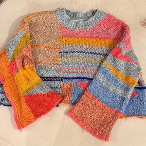 Sincerely Jules Colorful Patchwork Boucle Cropped Hippie Sweater Bell Sleeve XS